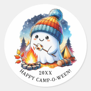 Sticker Rond Camping Ghost Cute Halloween Happy Camp-o-ween