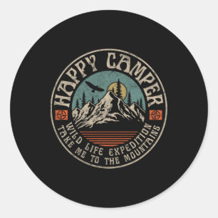 Sticker Rond Camping heureux rétro vintage camping randonnée mo