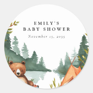 Sticker Rond Camping Mountain Baby shower rustique