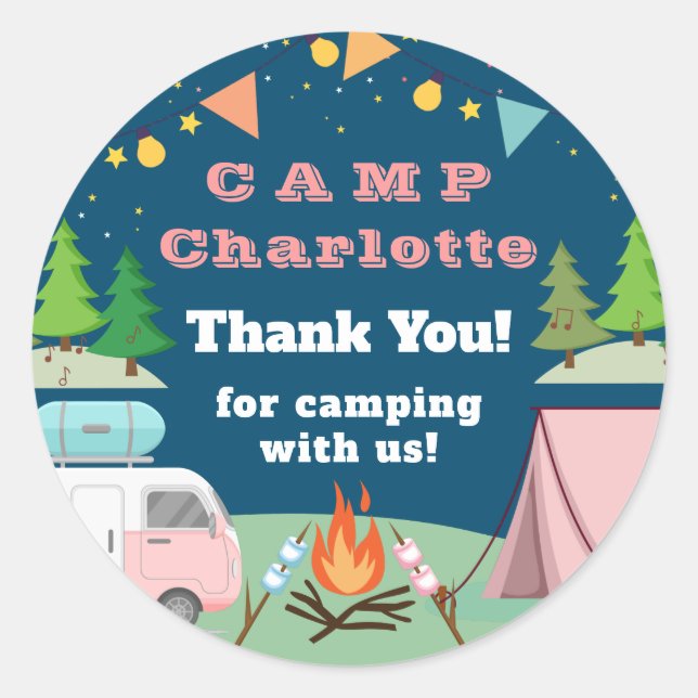 Sticker Rond Camping rose Anniversaire Merci de fête (Devant)
