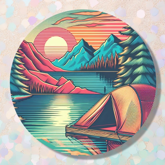 Sticker Rond Camping rose vintage et Turquoise Thème (Créateur téléchargé)