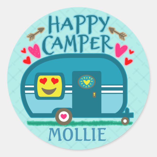 Sticker Rond Camping Rustique sur mesure Happy Camper RVing (Devant)