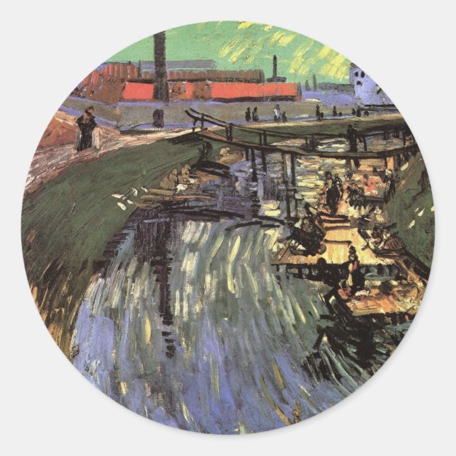 Sticker Rond Canal avec des femmes lavant par Vincent van Gogh (Devant)