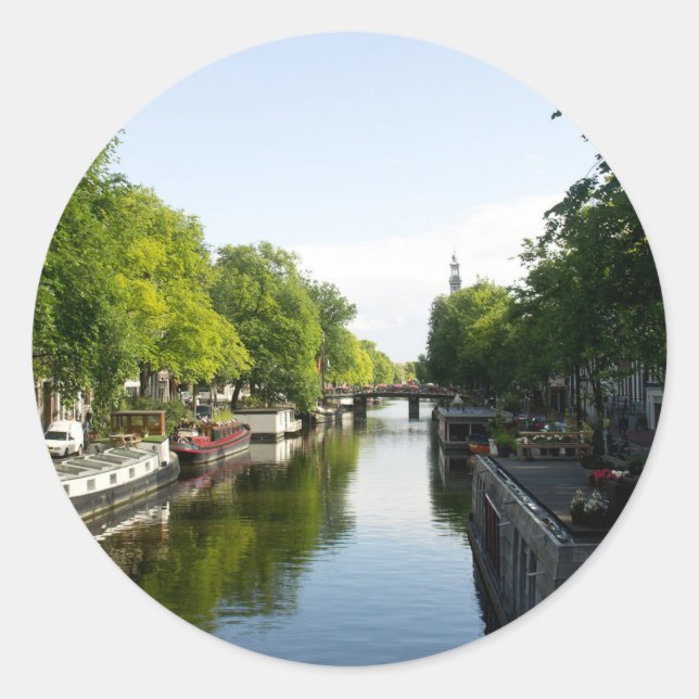 Sticker Rond Canal d'Amsterdam avec bateaux et pont  (Devant)