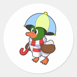 Sticker Rond Canard à la pluie avec parapluie