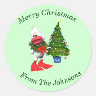 Sticker Rond Canard de Noël blanc mignon portant une couronne