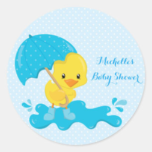 Sticker Rond Canard jaune avec parapluie bleu et Pois