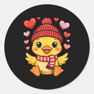 Sticker Rond Canard Kawaii Saint-Valentin Cœurs Écharpe d'Hiver