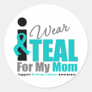 Sticker Rond Cancer de l'ovaire Je porte Turquoise Ribbon Maman