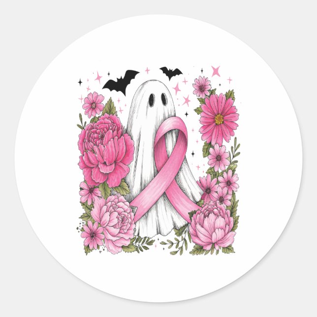 Sticker Rond Cancer du sein Halloween Ghost Boho (Devant)