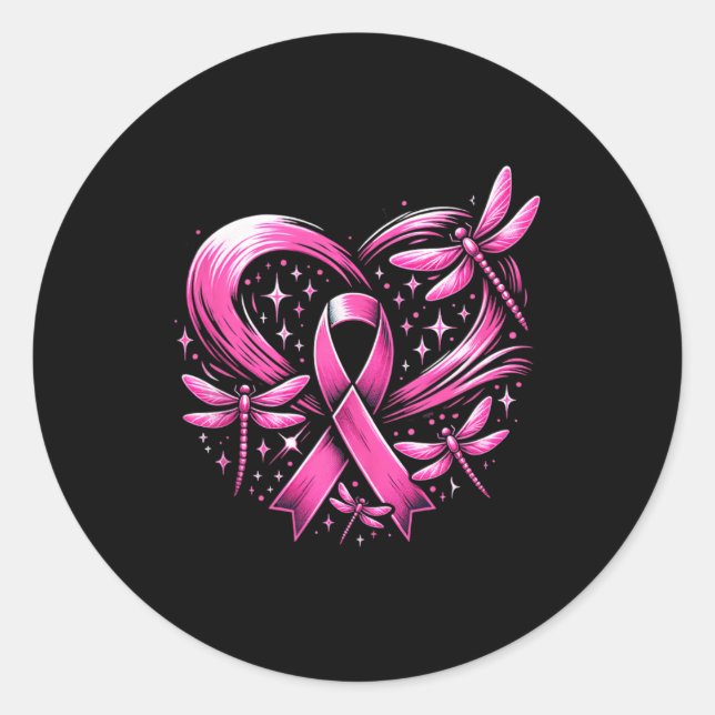 Sticker Rond Cancer du sein mignon Le coeur Dragonflies Sensibi (Devant)