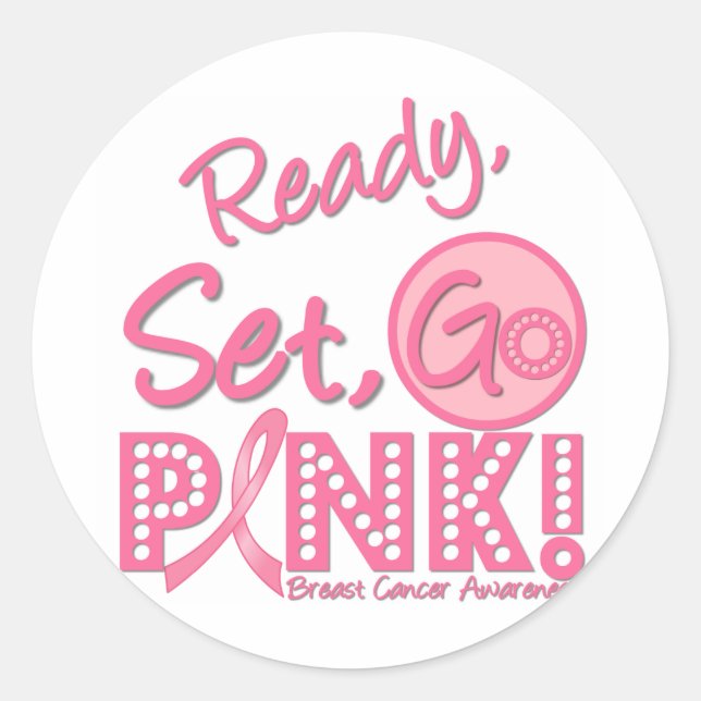 Sticker Rond Cancer Du Sein Prêt, Parfait, Va Rose ! (Devant)