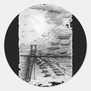 Sticker Rond Cancun Beach noir et blanc nuageux