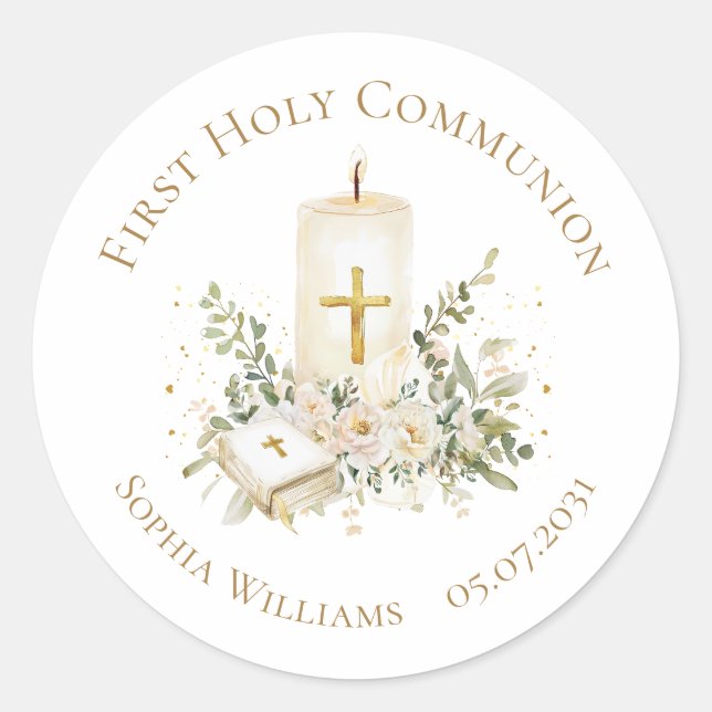 Sticker Rond Candle Cross Bible Roses First Holy Communion (Devant)