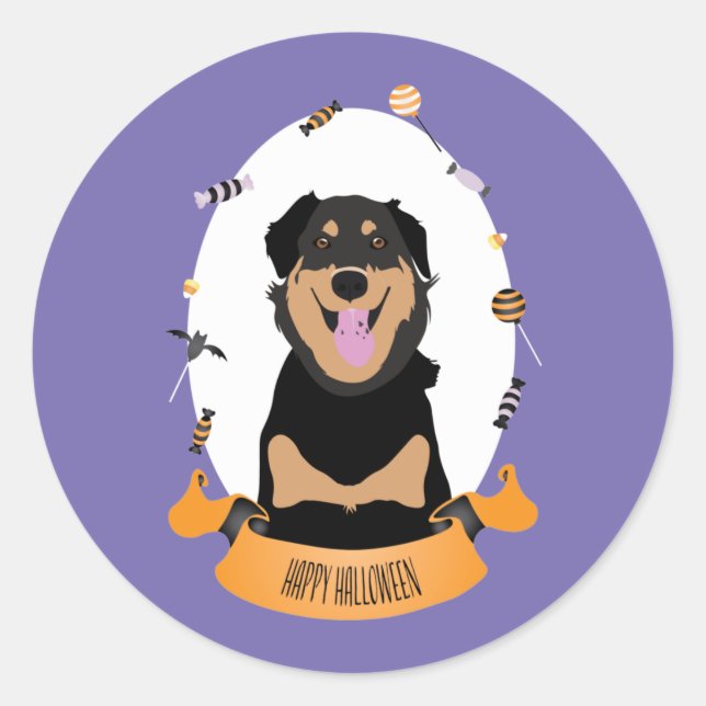 Sticker Rond Candy Portrait Rottweiler Chien pourpre orange (Devant)