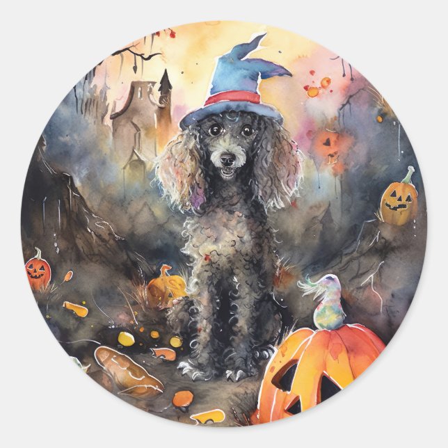 Sticker Rond Caniche D'Halloween Avec Peur Citrouille (Devant)