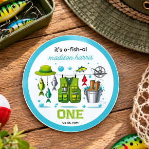 Sticker Rond Canne à pêche vintage "O-Fish-Ally One" 1er annive