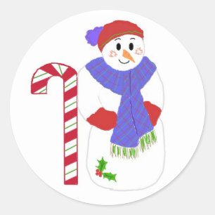 Sticker Rond Canne de bonbon et Bonhomme de neige joyeux