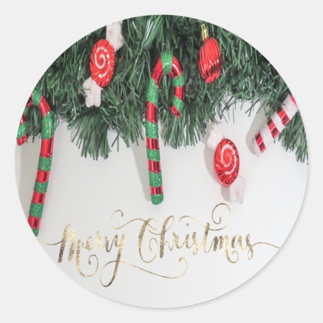 Sticker Rond Canne en sucre, sapin de Noël (Devant)