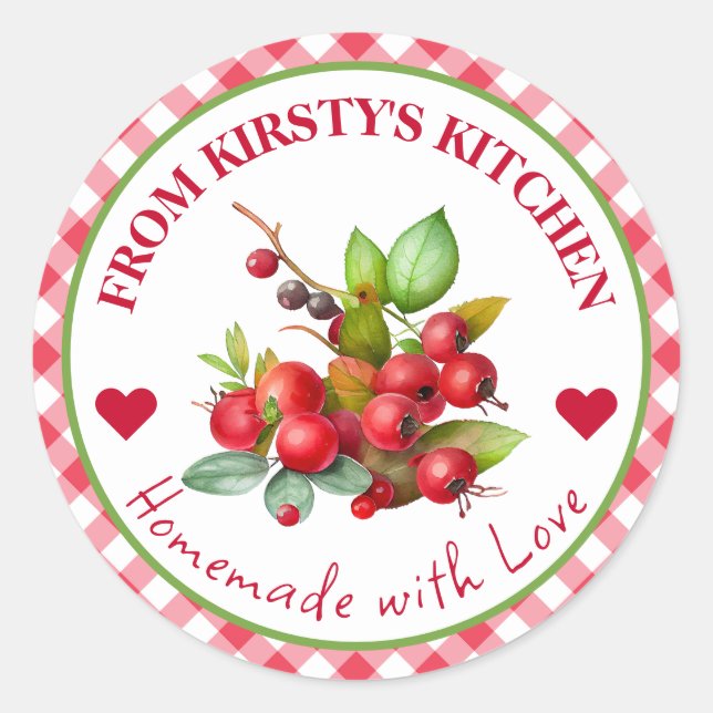 Sticker Rond Canneberges Gingham Faits Maison Aquarelle (Devant)