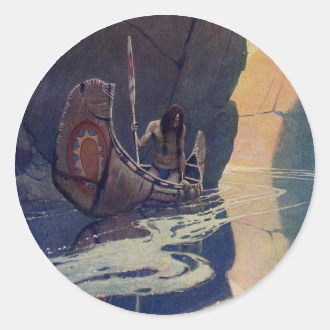 Sticker Rond Canoë indien vintage pagayage Sun Classic (Devant)