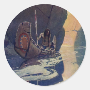 Sticker Rond Canoë indien vintage pagayage Sun Classic