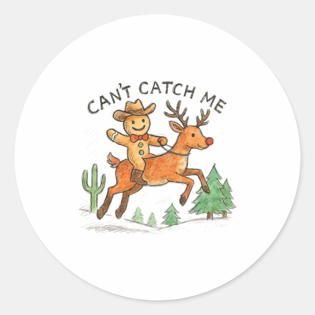 Sticker Rond Can't Catch Me Cowboy Gingerbread Man Christmas  (Devant)