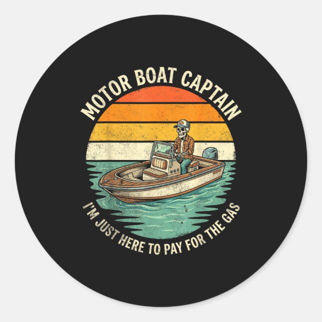 Sticker Rond Capitaine de bateau à moteur drôle squelette graph (Devant)