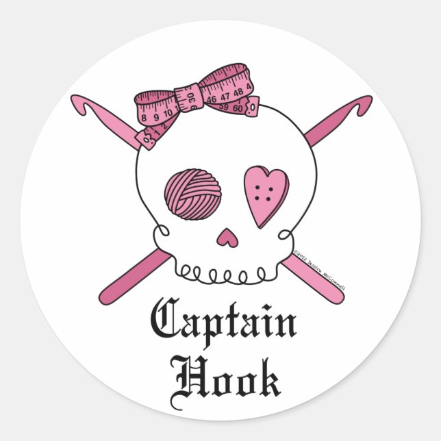 Sticker Rond Capitaine Hook Crâne et crochets (rose) (Devant)