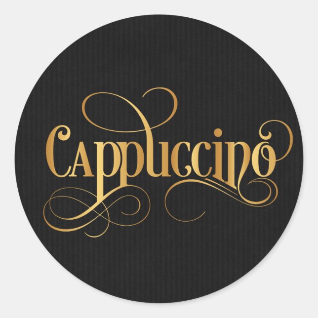 Sticker Rond Cappuccino Gold tourbillonnant Script sur noir (Devant)