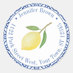 Sticker Rond Capri Citron Bleu Et Blanc Adresse de retour du Ma