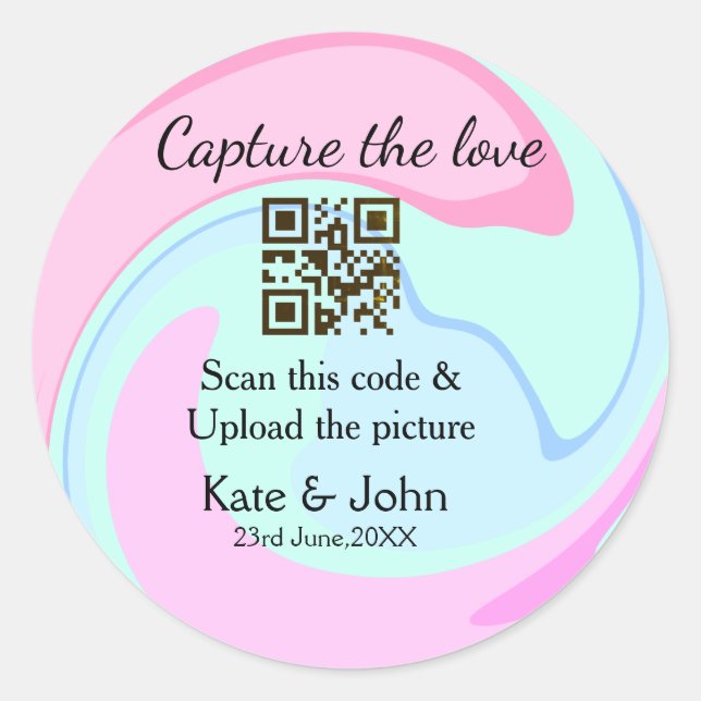Sticker Rond Capturez l'amour ajouter QR scan marbre rose bleu  (Devant)
