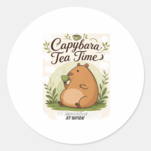 Sticker Rond Capybara à l'heure du thé   Capybara mignon buvant