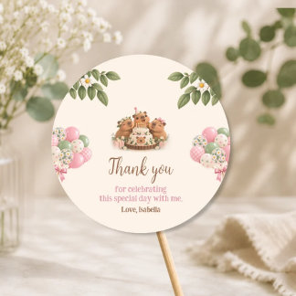 Sticker Rond Capybara Capy Fête Mignon Rose Kawaii Fille Annive