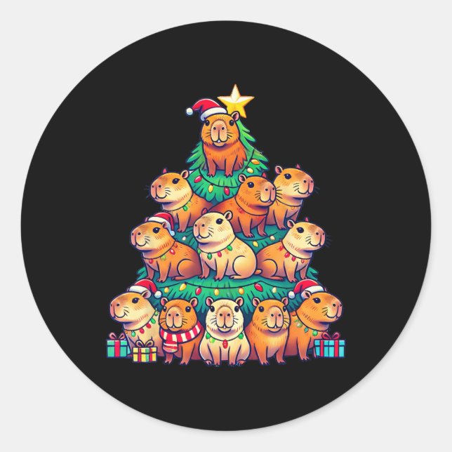 Sticker Rond Capybara Christmas Tree Funny Capybara Xmas (Devant)