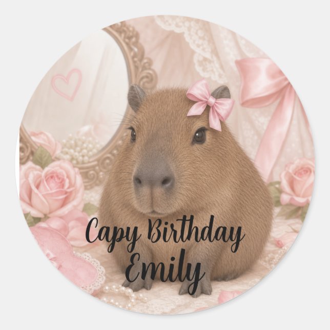 Sticker Rond capybara coquette arc-en-ciel (Devant)