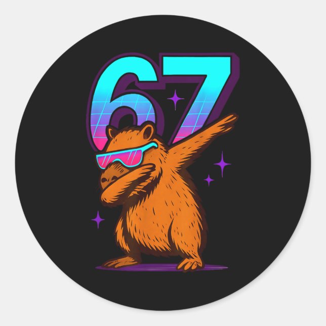 Sticker Rond Capybara Dabbing Rétro Néon 67 (Devant)