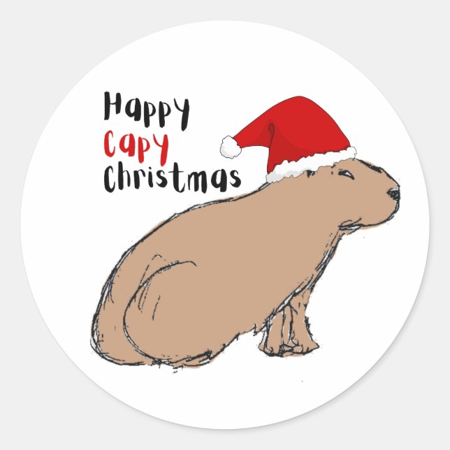Sticker Rond Capybara De Noël Mignonne Illustré À La Main (Devant)