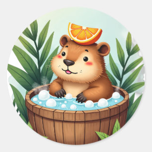 Sticker Rond Capybara Décontracté Relaxation dans un Bain à Rem