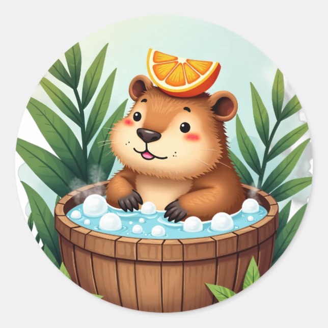 Sticker Rond Capybara Décontracté Relaxation dans un Bain à Rem (Devant)