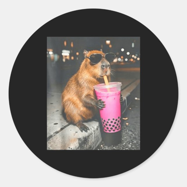 Sticker Rond Capybara drinking iced boba tea funny animal meme (Devant)