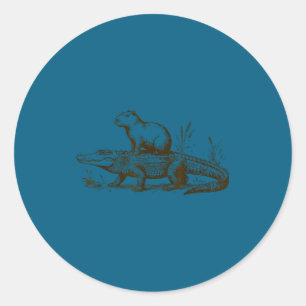 Sticker Rond Capybara Drôle Chevauchant Un Alligator Hommes Fem