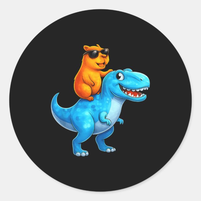 Sticker Rond Capybara Drôle Équitant un Dinosaure, Équitant Din (Devant)