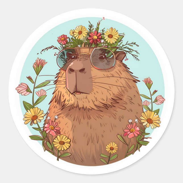 Sticker Rond Capybara en lunettes de soleil Été (Devant)
