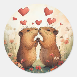 Sticker Rond Capybara Love - Un moment de pré romantique