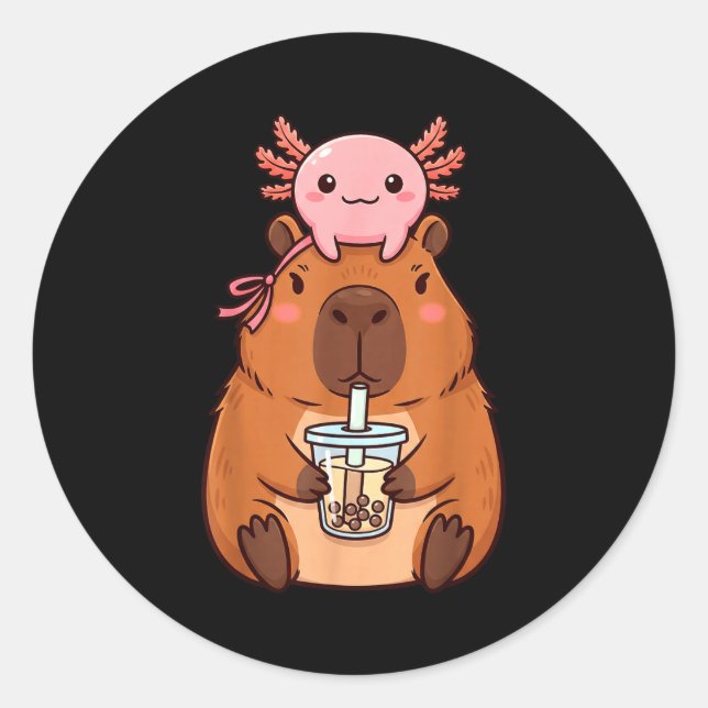 Sticker Rond Capybara Mignon Buvant du Thé aux Perles (Devant)