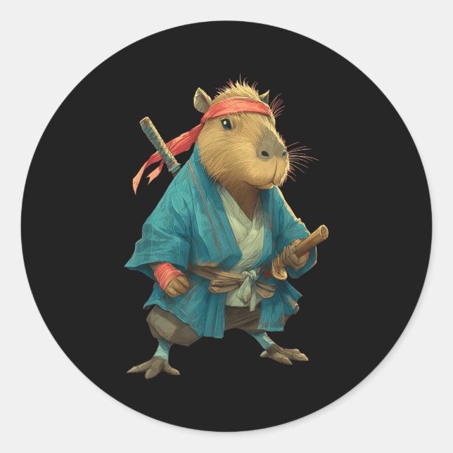 Sticker Rond Capybara Ninja Samurai Japan Funny Japanese Graphi (Devant)