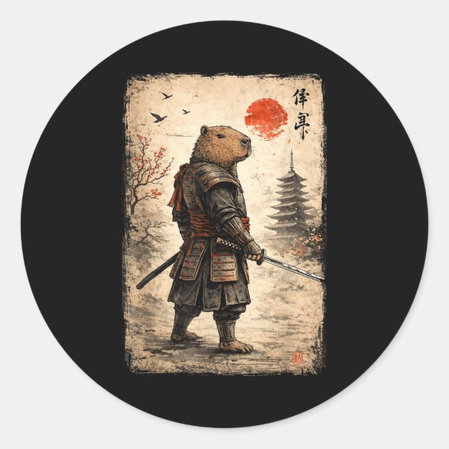 Sticker Rond Capybara samouraï capybara drôle graphique vintage (Devant)
