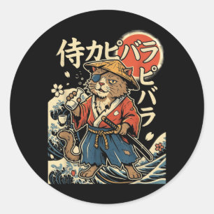 Sticker Rond Capybara Samouraï Chat Esthétique Japonais Ukiyo-e