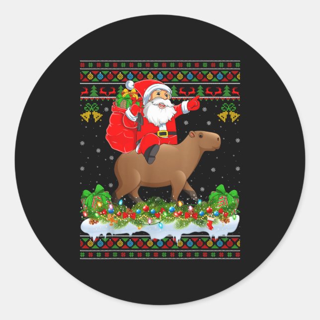 Sticker Rond Capybara Xmas Pajamas Ugly Santa Riding Capybara C (Devant)